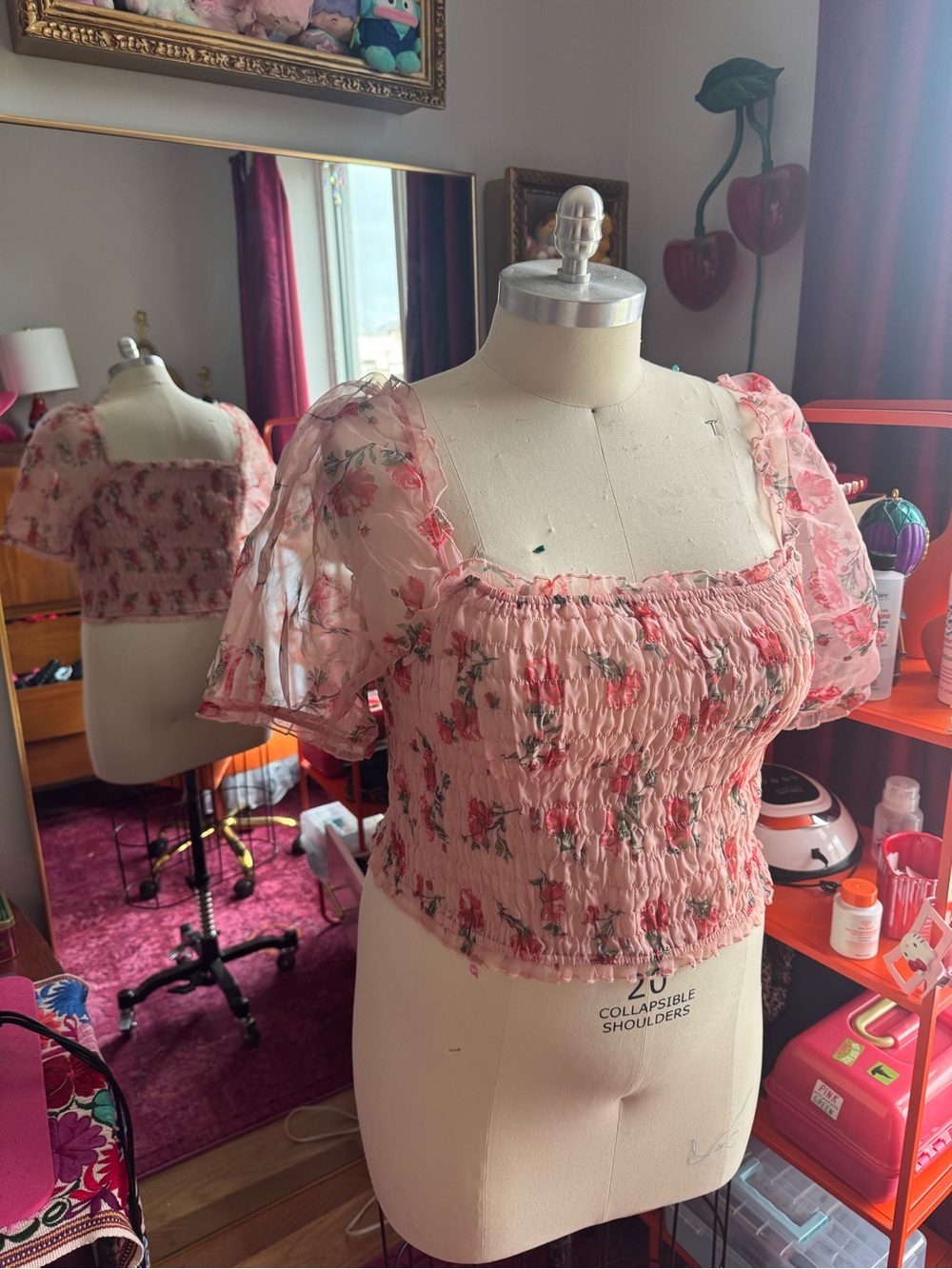 Floral Pink Puff Sleeve Smocked Crop Top